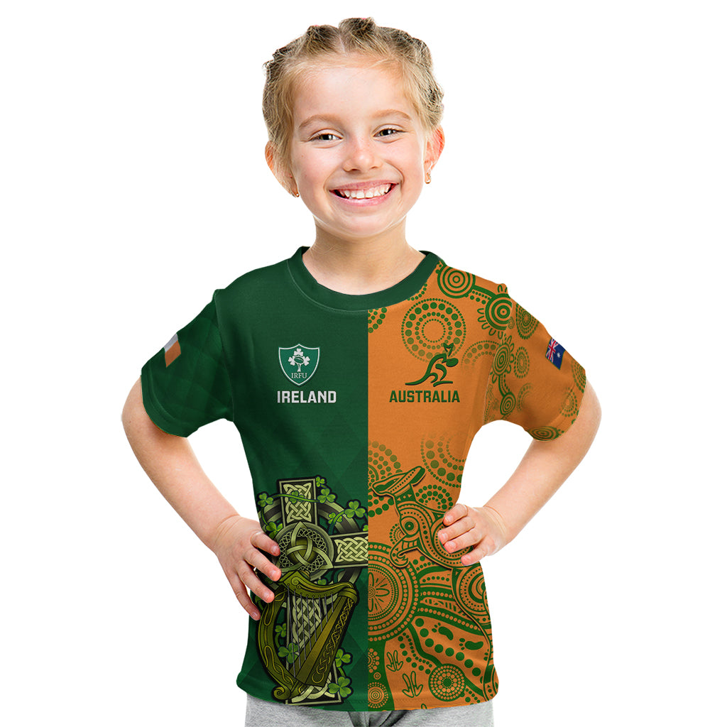 custom-australia-and-ireland-rugby-kid-t-shirt-2023-world-cup-walllabies-with-shamrocks
