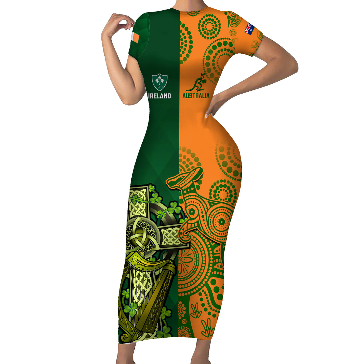 Custom Australia And Ireland Rugby Short Sleeve Bodycon Dress 2023 World Cup Walllabies With Shamrocks - Wonder Print Shop