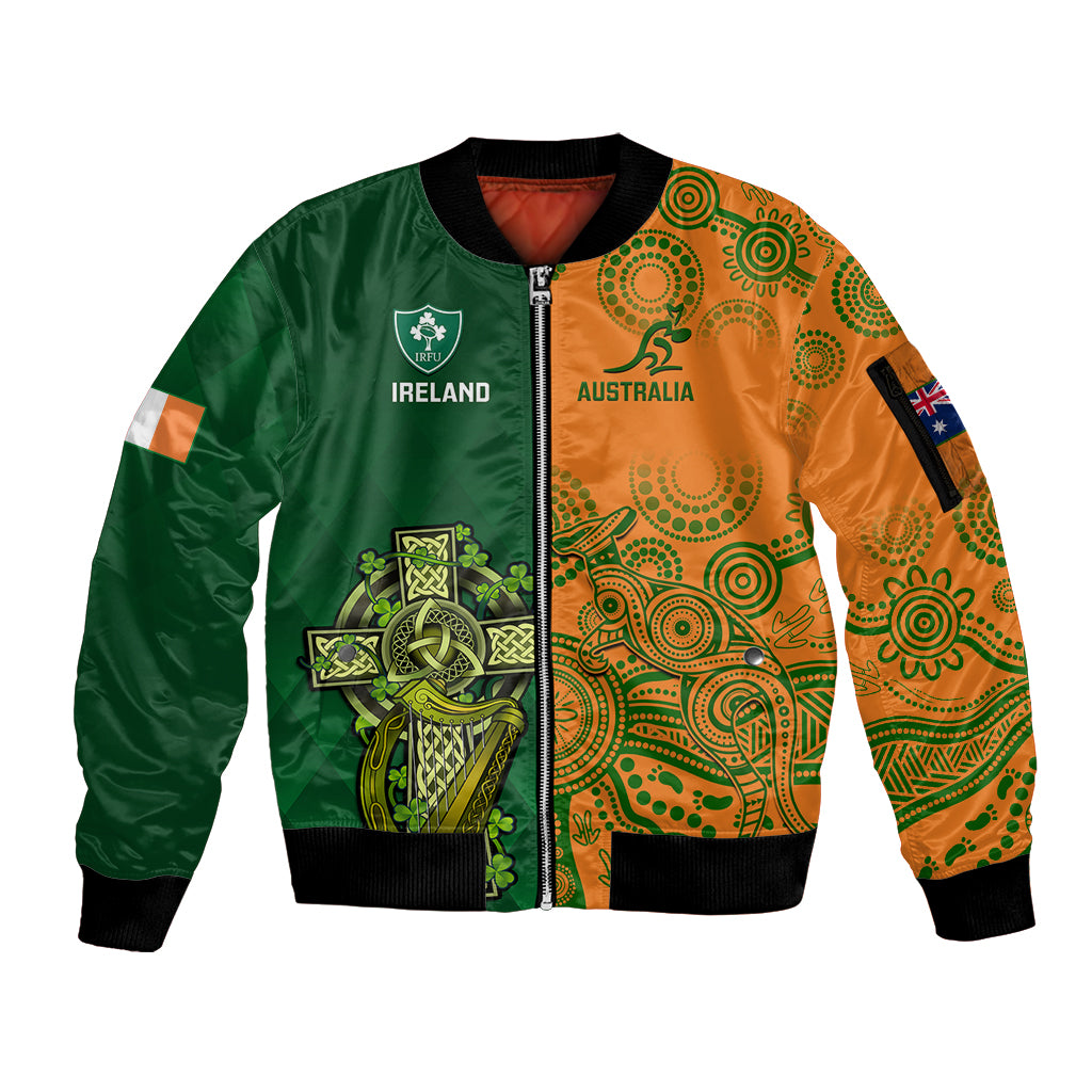 Custom Australia And Ireland Rugby Sleeve Zip Bomber Jacket 2023 World Cup Walllabies With Shamrocks - Wonder Print Shop