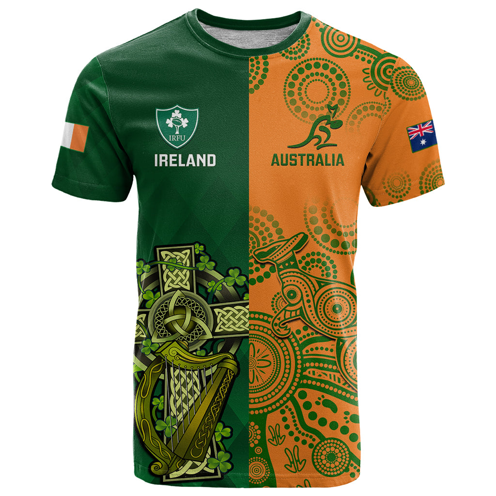 Custom Australia And Ireland Rugby T Shirt 2023 World Cup Walllabies With Shamrocks - Wonder Print Shop