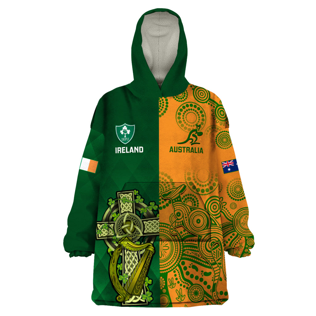Custom Australia And Ireland Rugby Wearable Blanket Hoodie 2023 World Cup Walllabies With Shamrocks - Wonder Print Shop