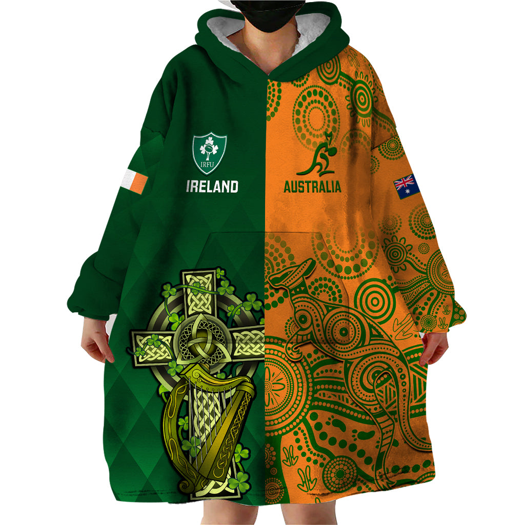Custom Australia And Ireland Rugby Wearable Blanket Hoodie 2023 World Cup Walllabies With Shamrocks - Wonder Print Shop