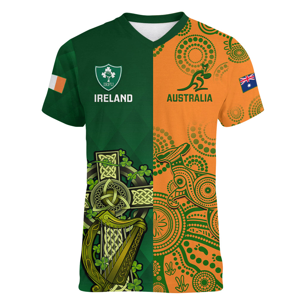 Custom Australia And Ireland Rugby Women V Neck T Shirt 2023 World Cup Walllabies With Shamrocks - Wonder Print Shop