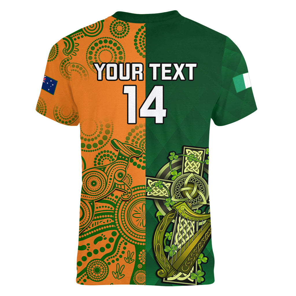 Custom Australia And Ireland Rugby Women V Neck T Shirt 2023 World Cup Walllabies With Shamrocks - Wonder Print Shop