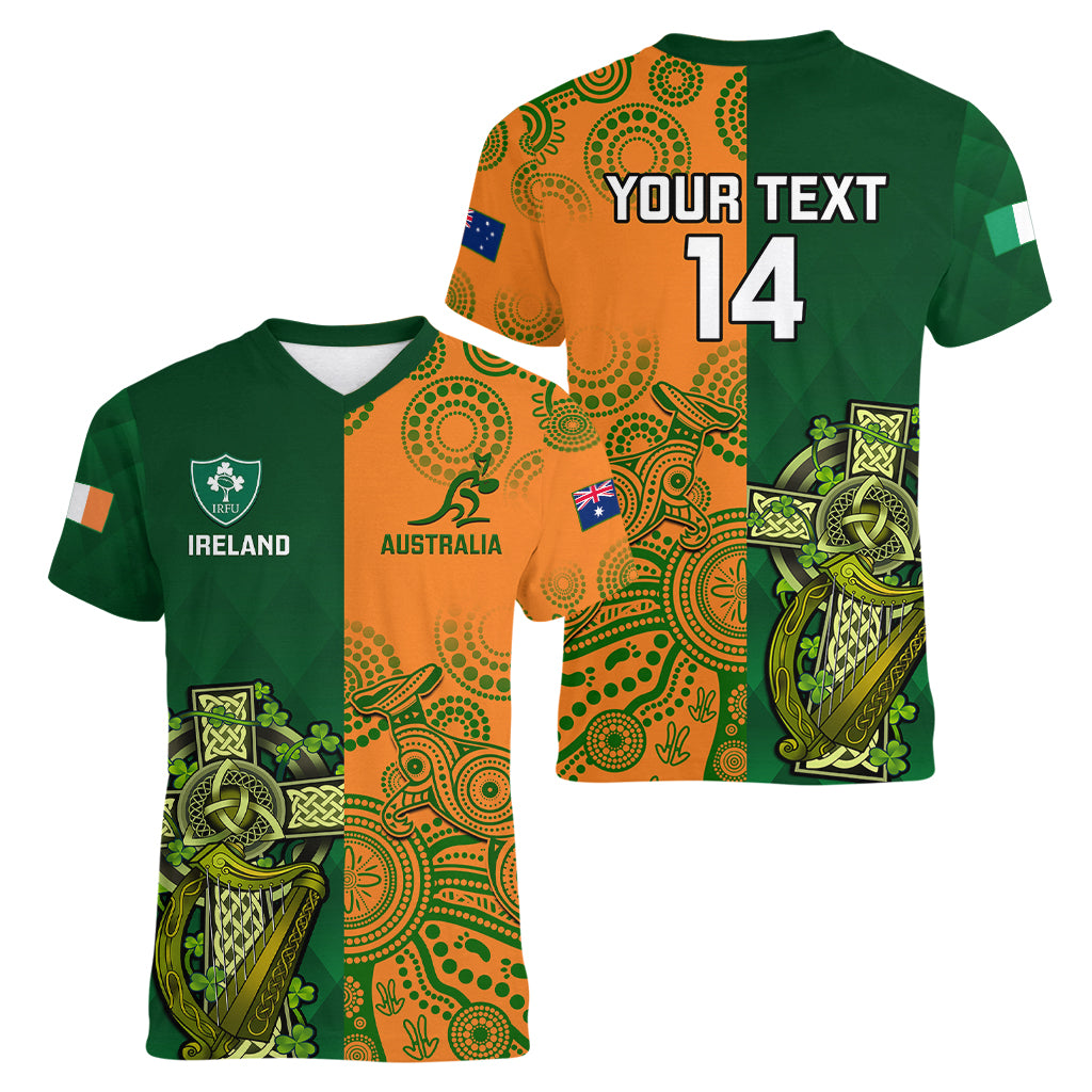 Custom Australia And Ireland Rugby Women V Neck T Shirt 2023 World Cup Walllabies With Shamrocks - Wonder Print Shop
