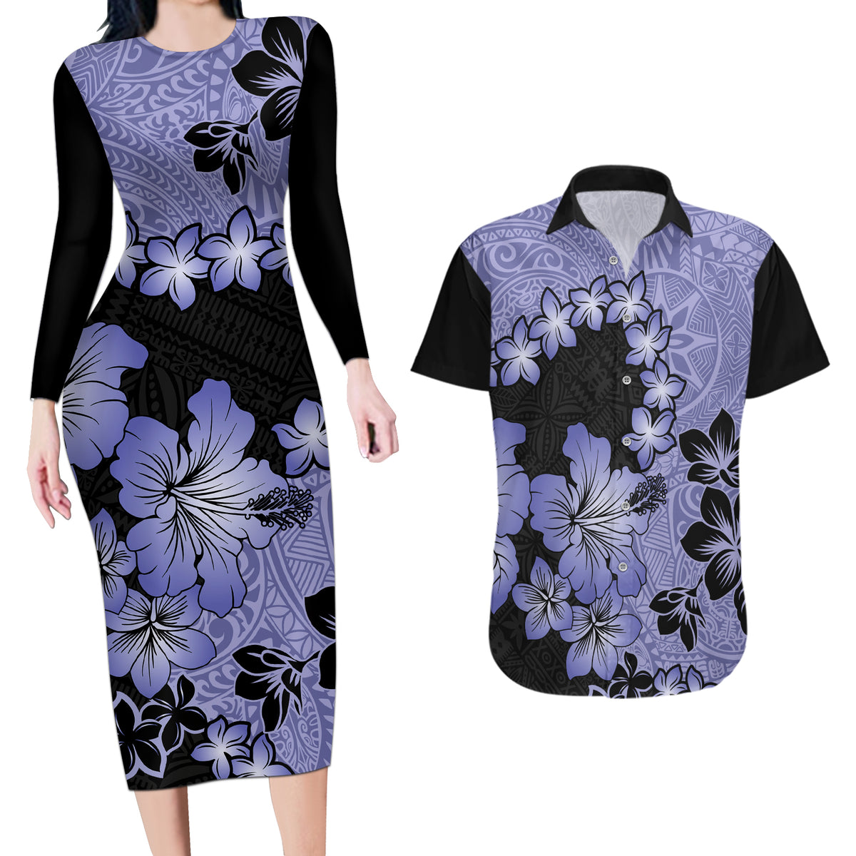 Purple Hawaii Couples Matching Long Sleeve Bodycon Dress and Hawaiian Shirt Tapa Cloth Mix Tropical Flowers Pastel Vibes - Wonder Print Shop