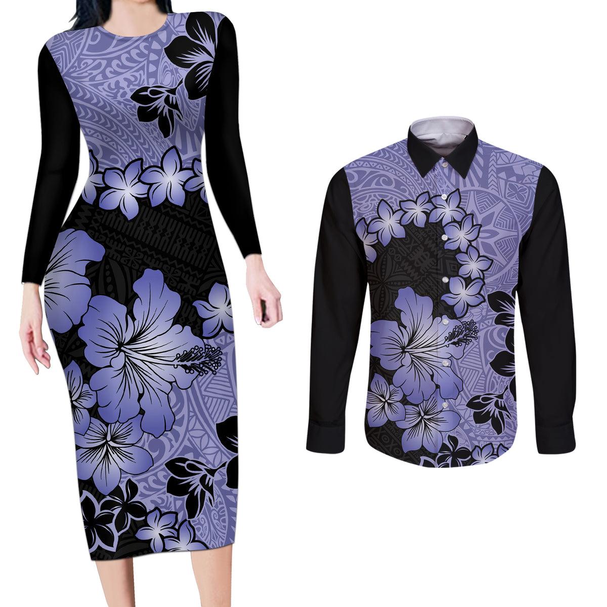 Purple Hawaii Couples Matching Long Sleeve Bodycon Dress and Long Sleeve Button Shirt Tapa Cloth Mix Tropical Flowers Pastel Vibes - Wonder Print Shop