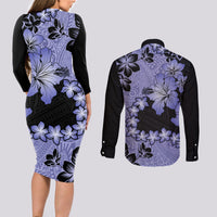 Purple Hawaii Couples Matching Long Sleeve Bodycon Dress and Long Sleeve Button Shirt Tapa Cloth Mix Tropical Flowers Pastel Vibes - Wonder Print Shop
