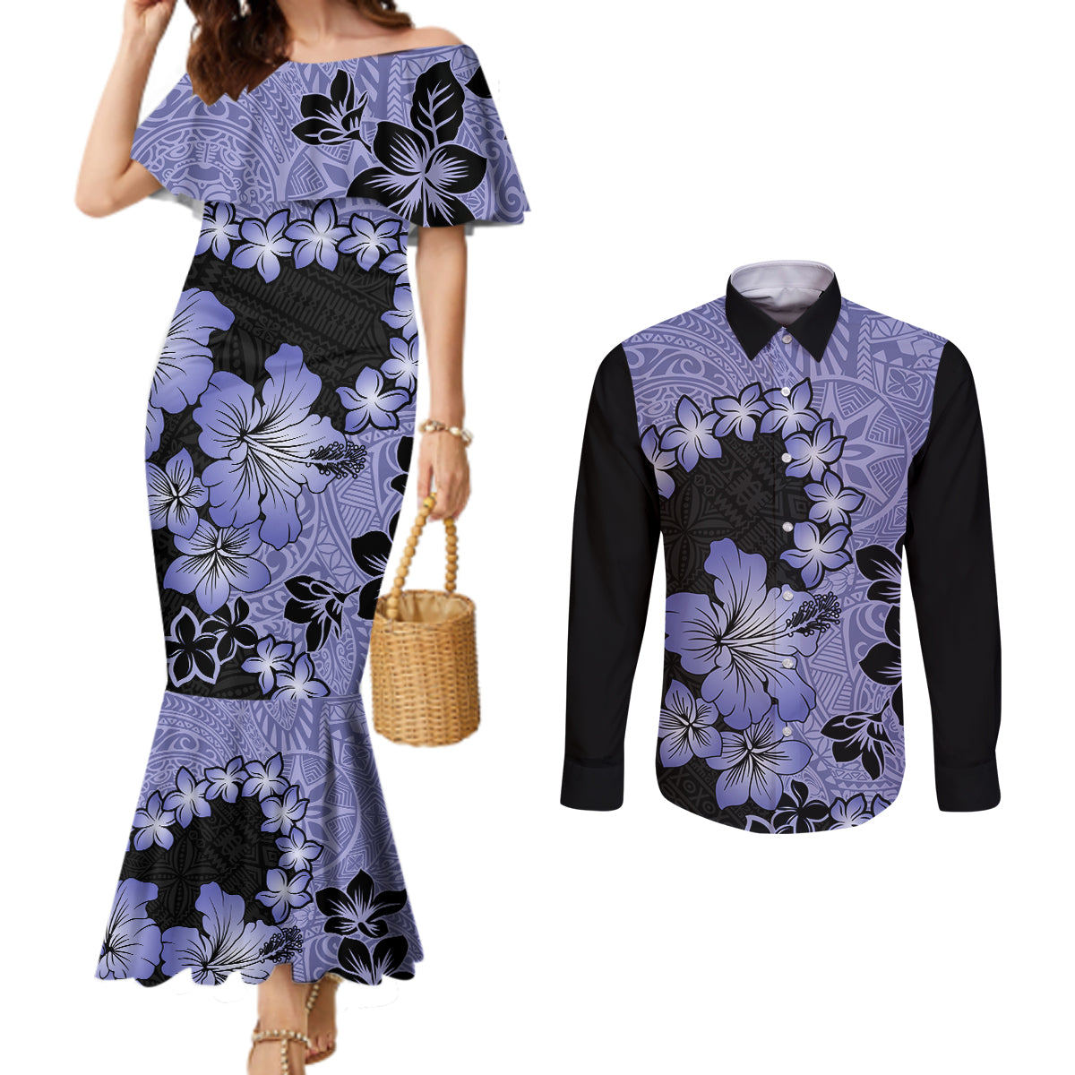 purple-hawaii-couples-matching-mermaid-dress-and-long-sleeve-button-shirt-tapa-cloth-mix-tropical-flowers-pastel-vibes