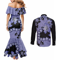 purple-hawaii-couples-matching-mermaid-dress-and-long-sleeve-button-shirt-tapa-cloth-mix-tropical-flowers-pastel-vibes