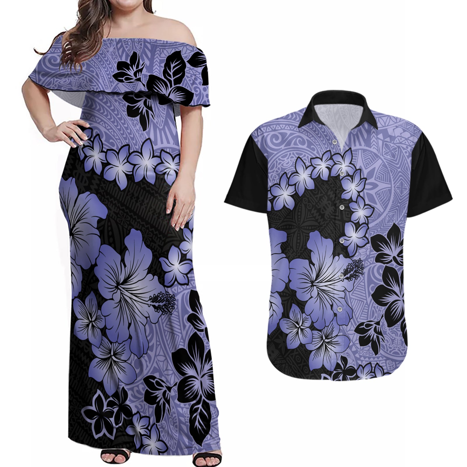 Purple Hawaii Couples Matching Off Shoulder Maxi Dress and Hawaiian Shirt Tapa Cloth Mix Tropical Flowers Pastel Vibes - Wonder Print Shop