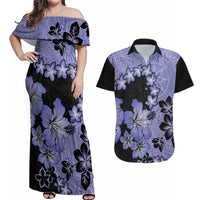 Purple Hawaii Couples Matching Off Shoulder Maxi Dress and Hawaiian Shirt Tapa Cloth Mix Tropical Flowers Pastel Vibes - Wonder Print Shop