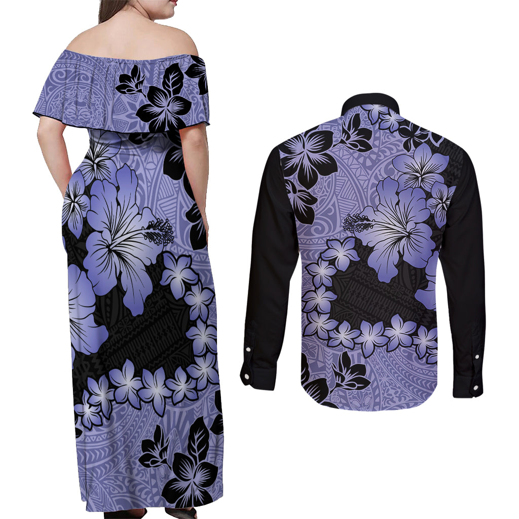 Purple Hawaii Couples Matching Off Shoulder Maxi Dress and Long Sleeve Button Shirt Tapa Cloth Mix Tropical Flowers Pastel Vibes - Wonder Print Shop