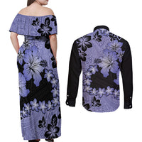 Purple Hawaii Couples Matching Off Shoulder Maxi Dress and Long Sleeve Button Shirt Tapa Cloth Mix Tropical Flowers Pastel Vibes - Wonder Print Shop