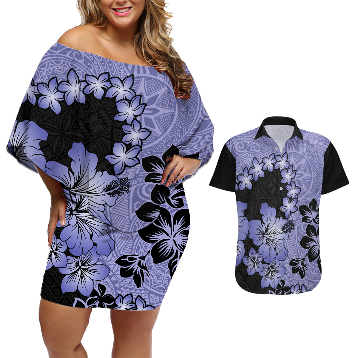 Purple Hawaii Couples Matching Off Shoulder Short Dress and Hawaiian Shirt Tapa Cloth Mix Tropical Flowers Pastel Vibes - Wonder Print Shop