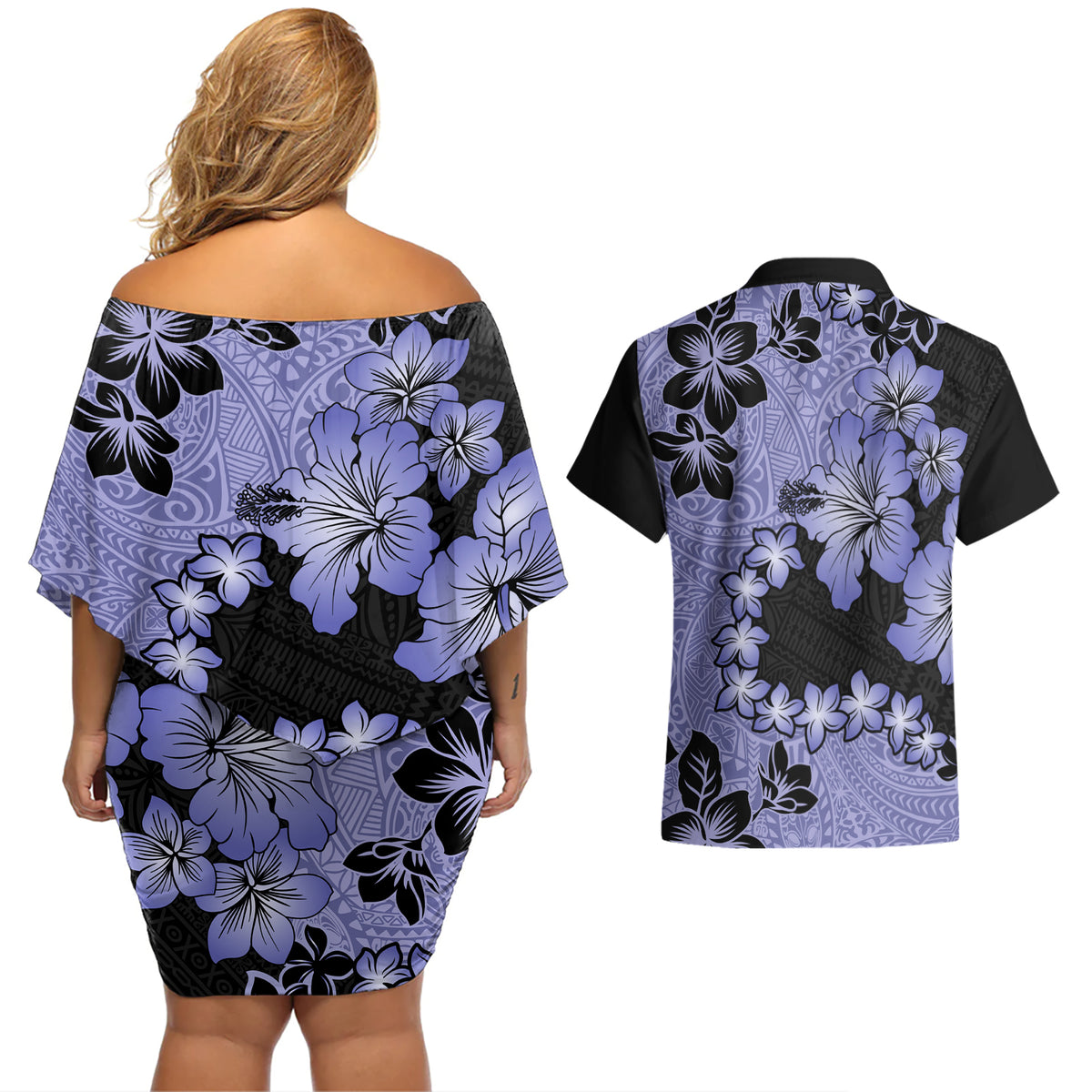 Purple Hawaii Couples Matching Off Shoulder Short Dress and Hawaiian Shirt Tapa Cloth Mix Tropical Flowers Pastel Vibes - Wonder Print Shop