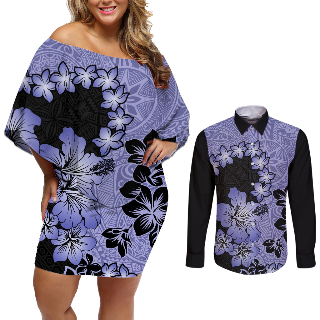 Purple Hawaii Couples Matching Off Shoulder Short Dress and Long Sleeve Button Shirt Tapa Cloth Mix Tropical Flowers Pastel Vibes - Wonder Print Shop