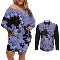Purple Hawaii Couples Matching Off Shoulder Short Dress and Long Sleeve Button Shirt Tapa Cloth Mix Tropical Flowers Pastel Vibes - Wonder Print Shop
