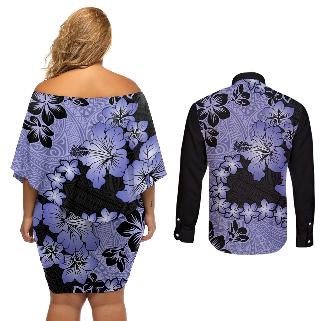 Purple Hawaii Couples Matching Off Shoulder Short Dress and Long Sleeve Button Shirt Tapa Cloth Mix Tropical Flowers Pastel Vibes - Wonder Print Shop