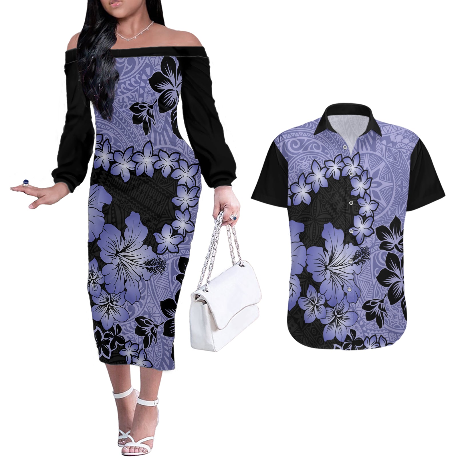 Purple Hawaii Couples Matching Off The Shoulder Long Sleeve Dress and Hawaiian Shirt Tapa Cloth Mix Tropical Flowers Pastel Vibes - Wonder Print Shop