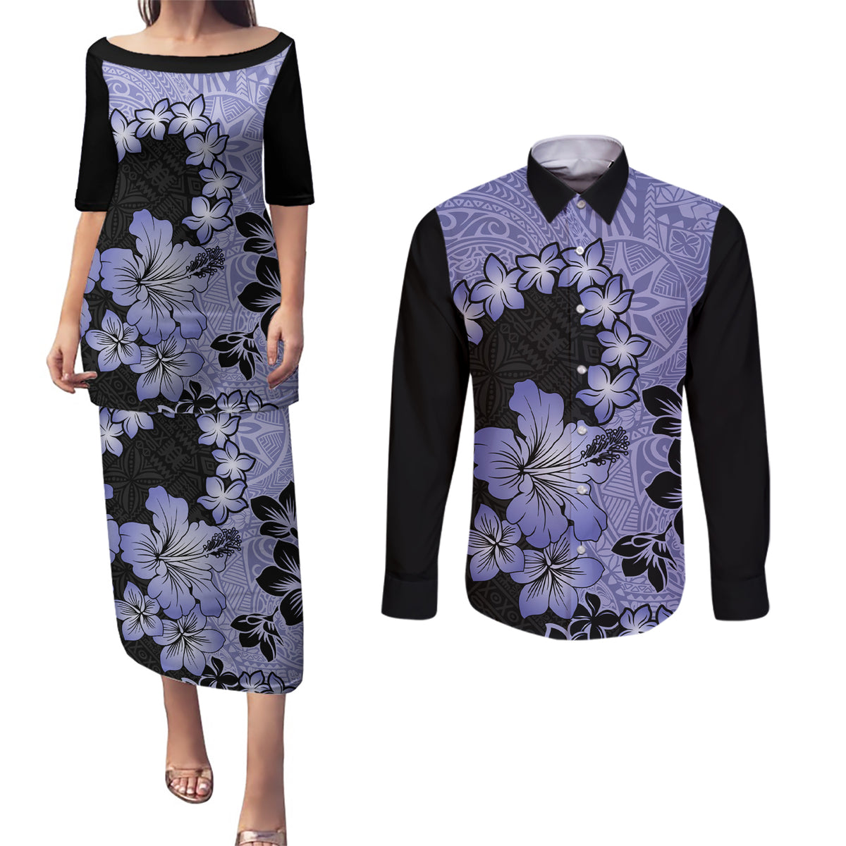 Purple Hawaii Couples Matching Puletasi Dress and Long Sleeve Button Shirt Tapa Cloth Mix Tropical Flowers Pastel Vibes - Wonder Print Shop