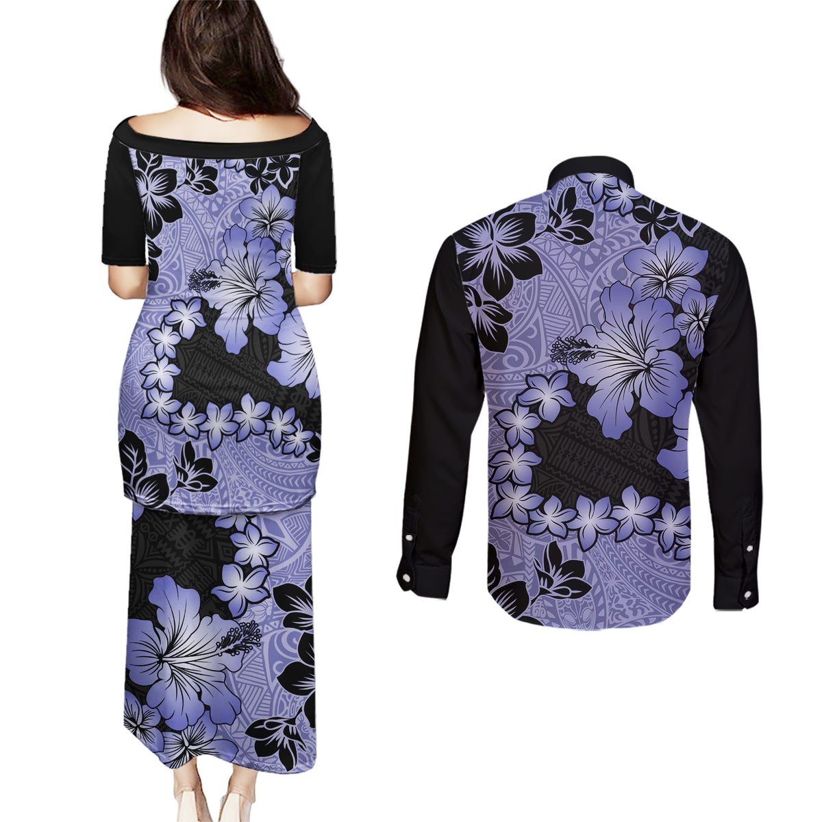 Purple Hawaii Couples Matching Puletasi Dress and Long Sleeve Button Shirt Tapa Cloth Mix Tropical Flowers Pastel Vibes - Wonder Print Shop
