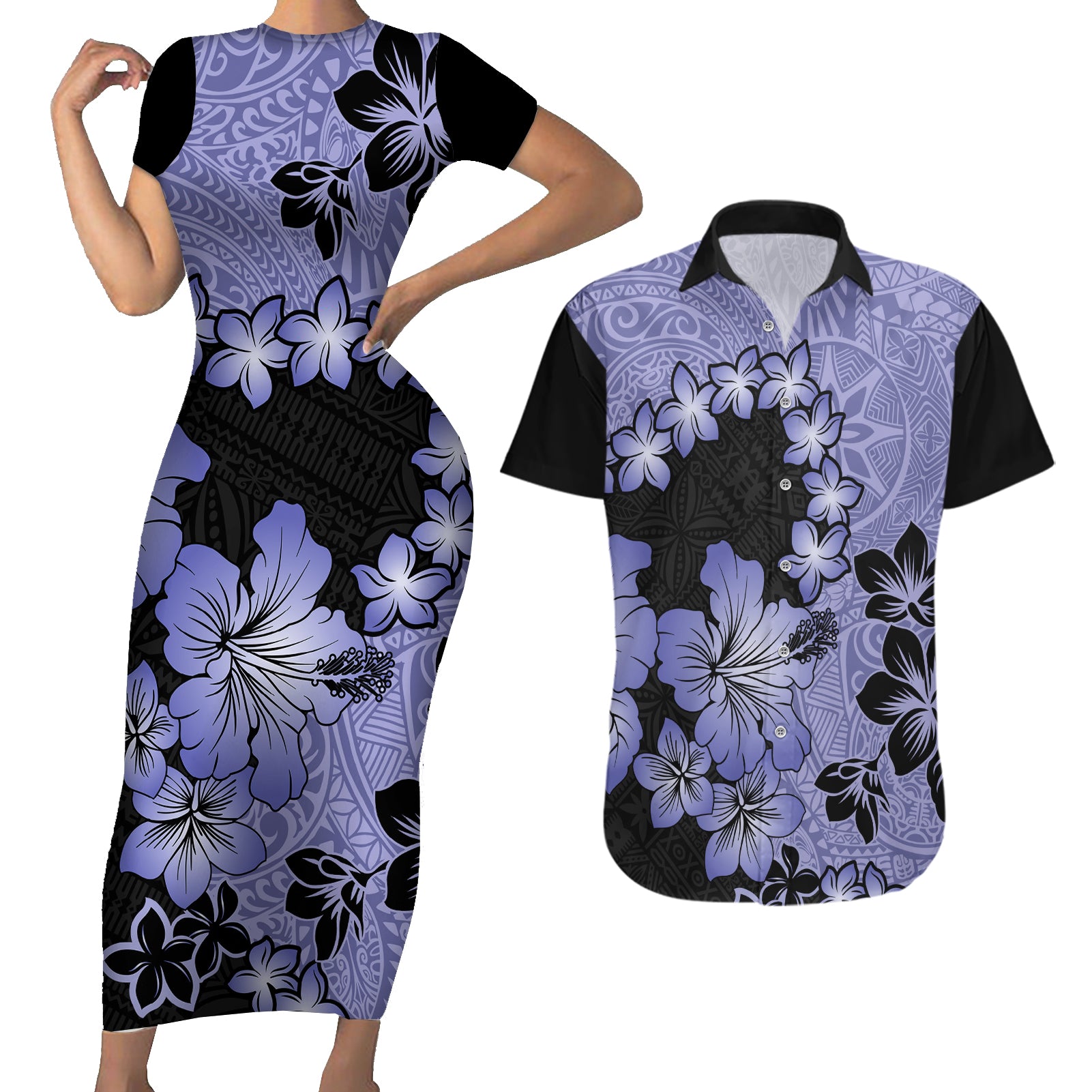 Purple Hawaii Couples Matching Short Sleeve Bodycon Dress and Hawaiian Shirt Tapa Cloth Mix Tropical Flowers Pastel Vibes - Wonder Print Shop