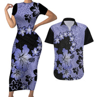 Purple Hawaii Couples Matching Short Sleeve Bodycon Dress and Hawaiian Shirt Tapa Cloth Mix Tropical Flowers Pastel Vibes - Wonder Print Shop