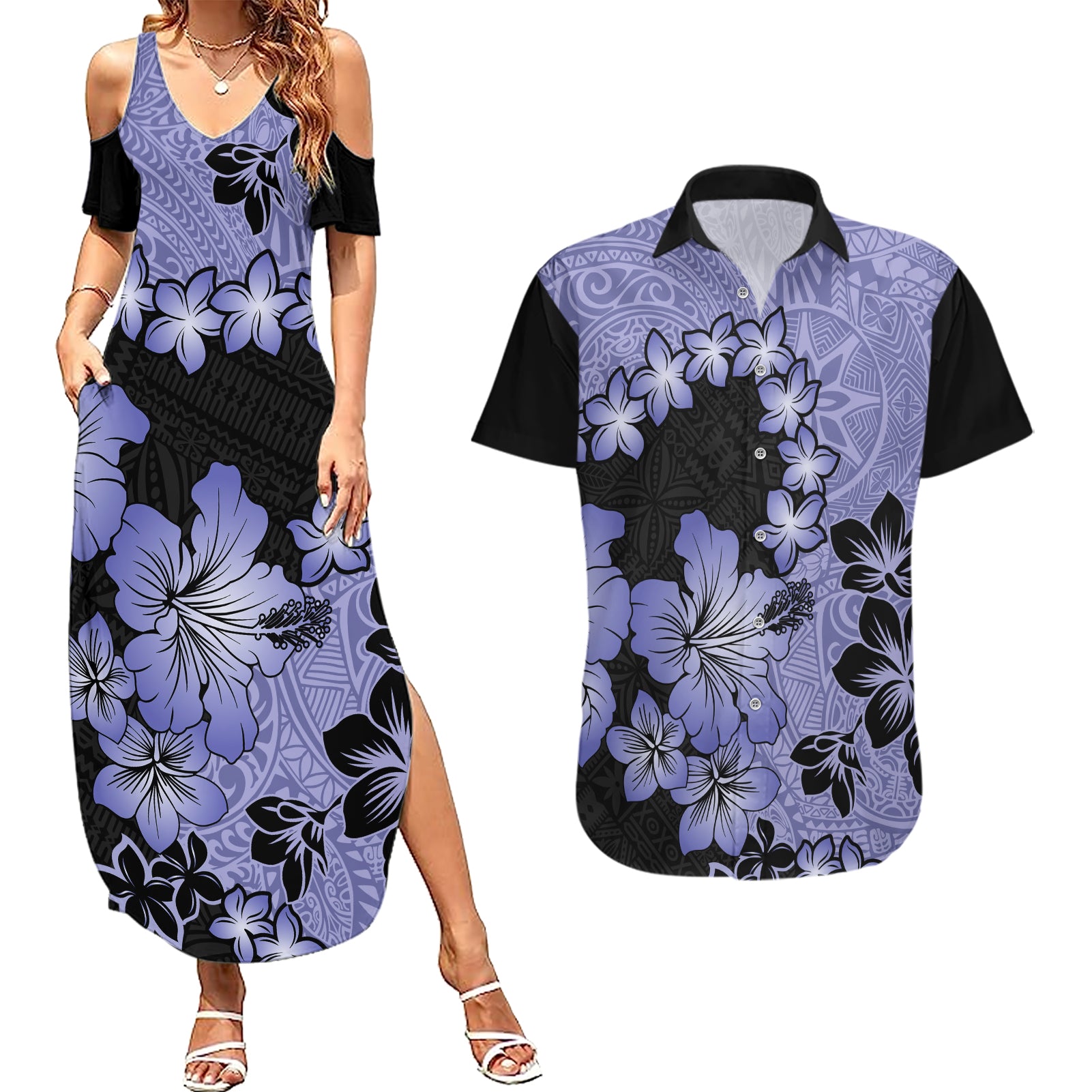 Purple Hawaii Couples Matching Summer Maxi Dress and Hawaiian Shirt Tapa Cloth Mix Tropical Flowers Pastel Vibes - Wonder Print Shop