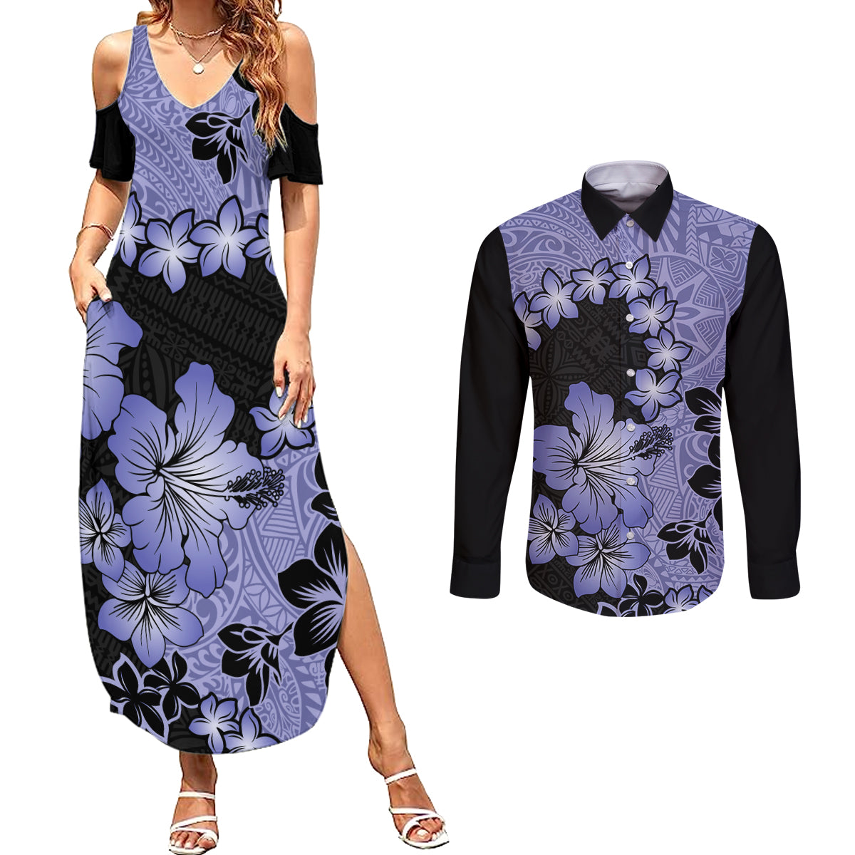Purple Hawaii Couples Matching Summer Maxi Dress and Long Sleeve Button Shirt Tapa Cloth Mix Tropical Flowers Pastel Vibes - Wonder Print Shop