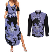 Purple Hawaii Couples Matching Summer Maxi Dress and Long Sleeve Button Shirt Tapa Cloth Mix Tropical Flowers Pastel Vibes - Wonder Print Shop