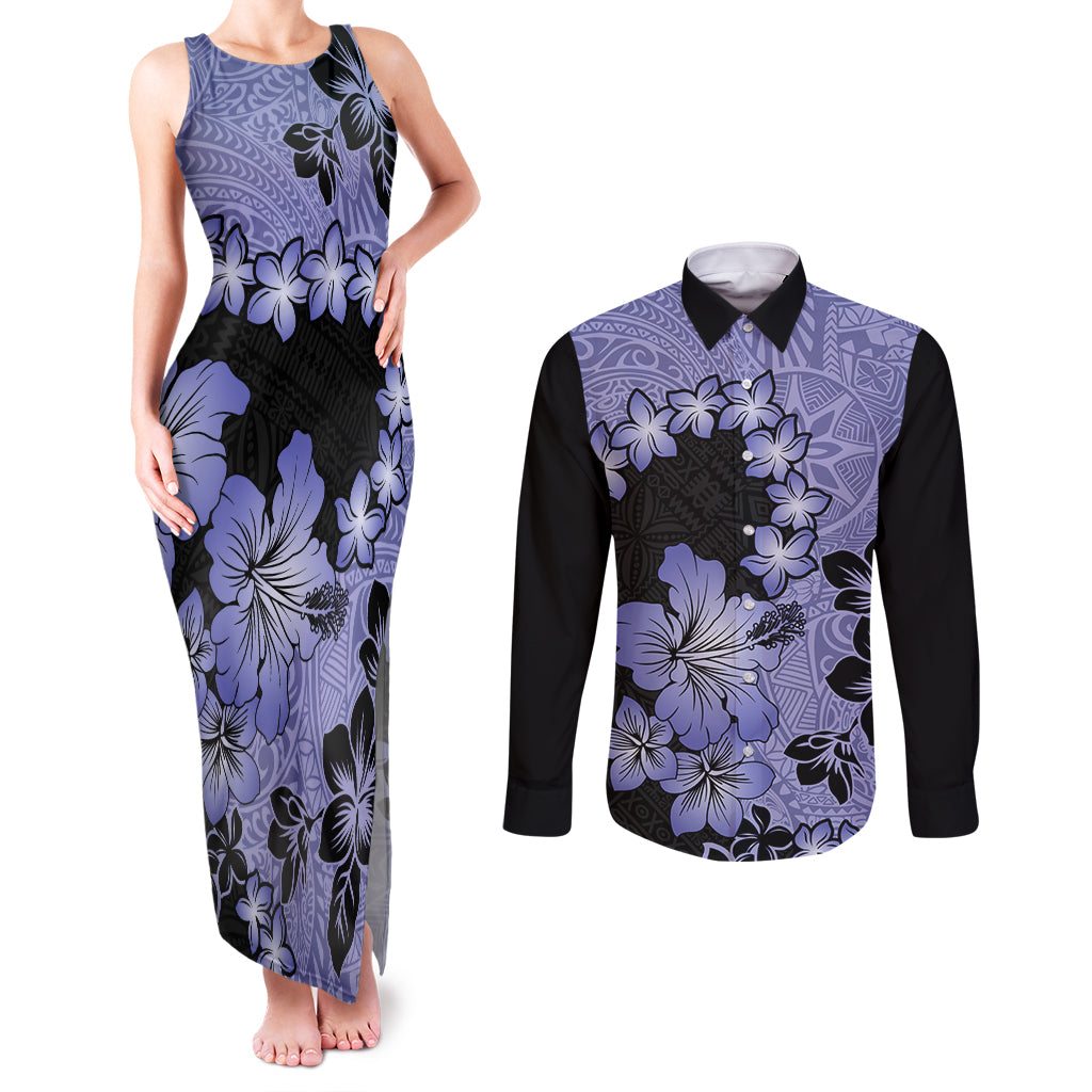 Purple Hawaii Couples Matching Tank Maxi Dress and Long Sleeve Button Shirt Tapa Cloth Mix Tropical Flowers Pastel Vibes - Wonder Print Shop