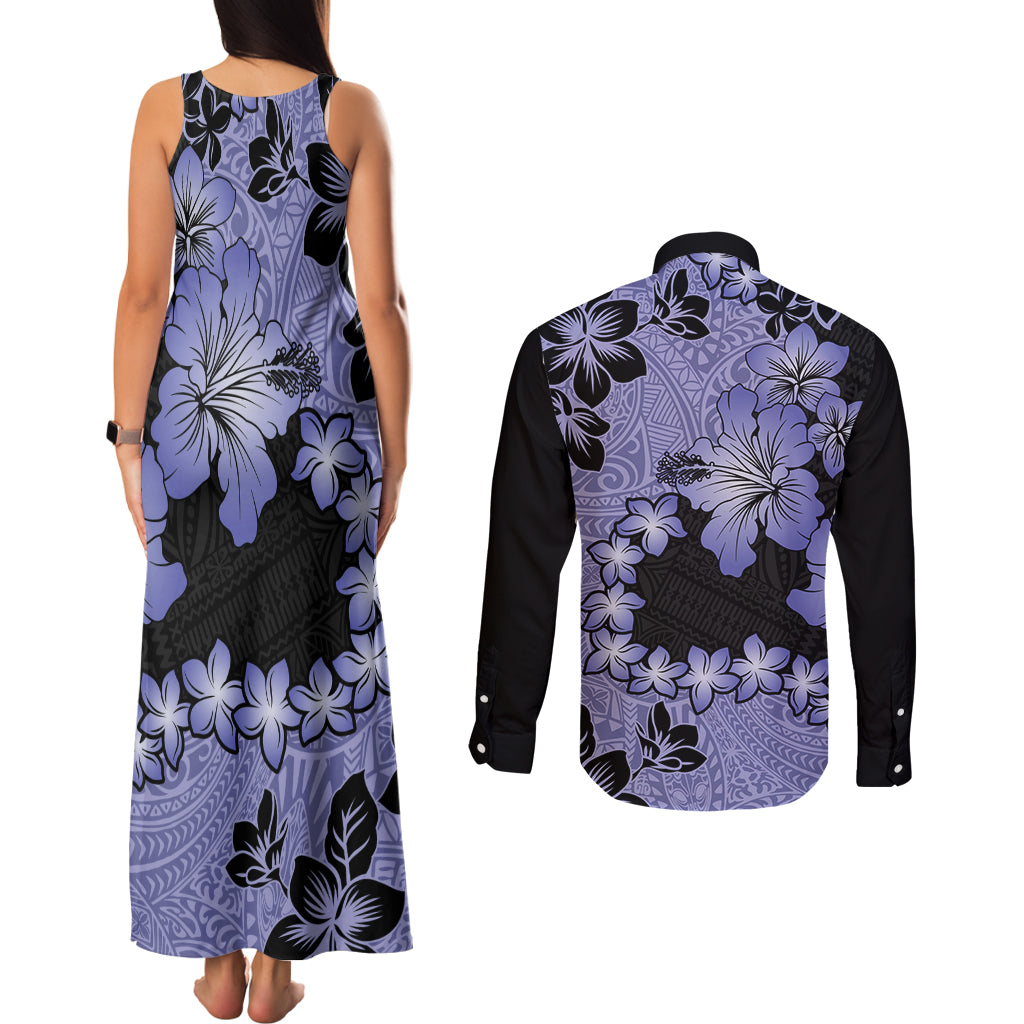 Purple Hawaii Couples Matching Tank Maxi Dress and Long Sleeve Button Shirt Tapa Cloth Mix Tropical Flowers Pastel Vibes - Wonder Print Shop