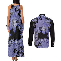 Purple Hawaii Couples Matching Tank Maxi Dress and Long Sleeve Button Shirt Tapa Cloth Mix Tropical Flowers Pastel Vibes - Wonder Print Shop