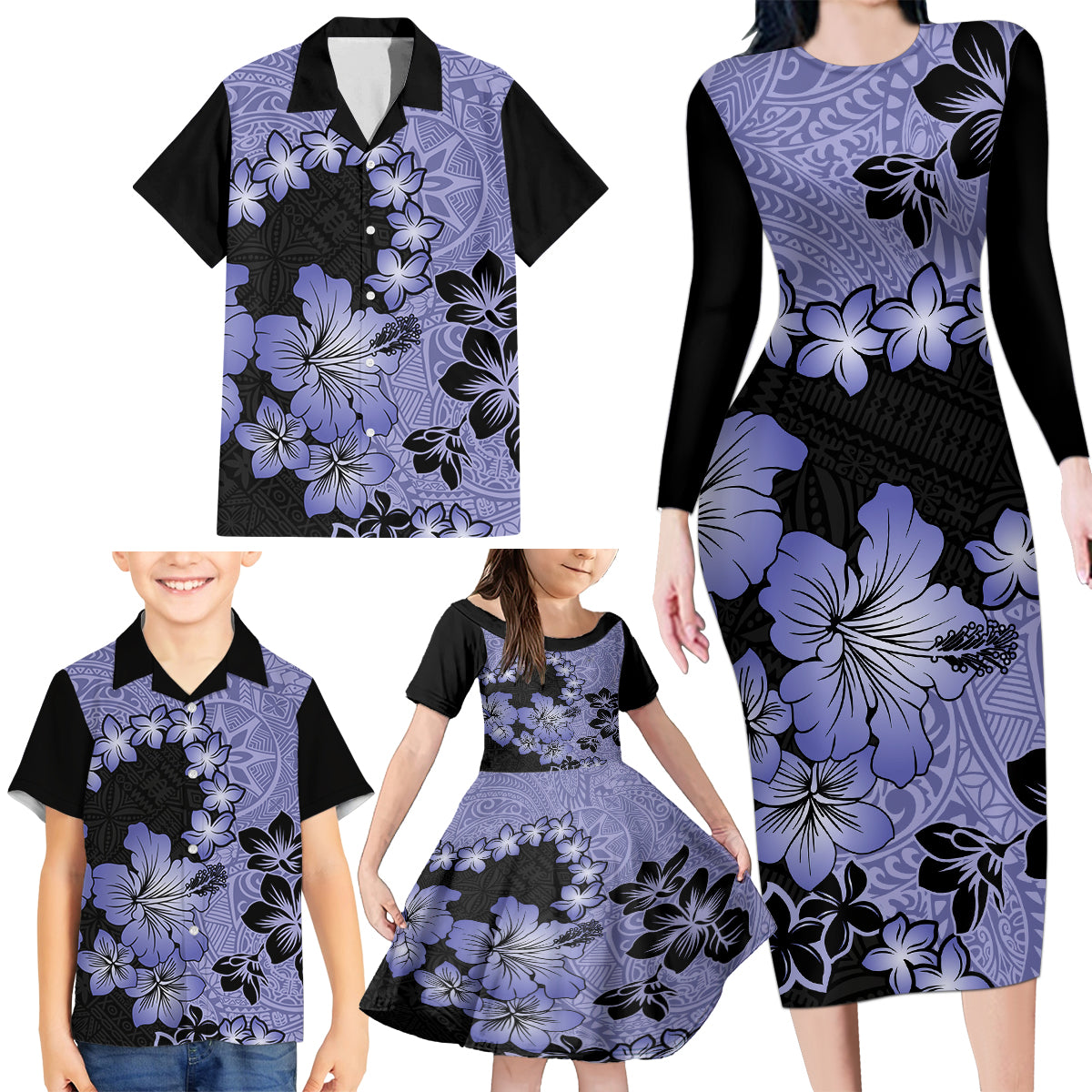 Purple Hawaii Family Matching Long Sleeve Bodycon Dress and Hawaiian Shirt Tapa Cloth Mix Tropical Flowers Pastel Vibes - Wonder Print Shop