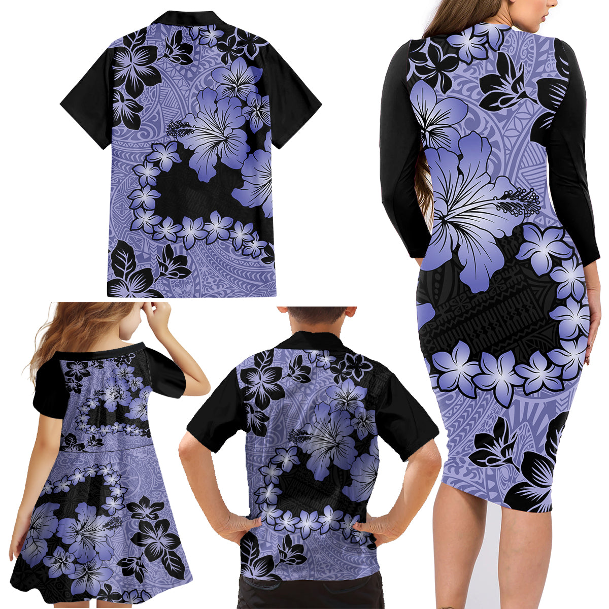 Purple Hawaii Family Matching Long Sleeve Bodycon Dress and Hawaiian Shirt Tapa Cloth Mix Tropical Flowers Pastel Vibes - Wonder Print Shop