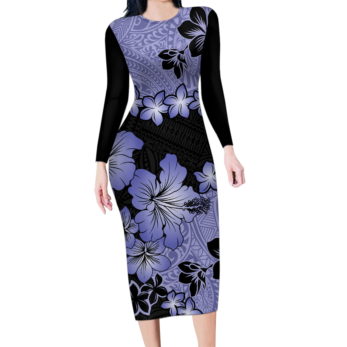 Purple Hawaii Family Matching Long Sleeve Bodycon Dress and Hawaiian Shirt Tapa Cloth Mix Tropical Flowers Pastel Vibes - Wonder Print Shop