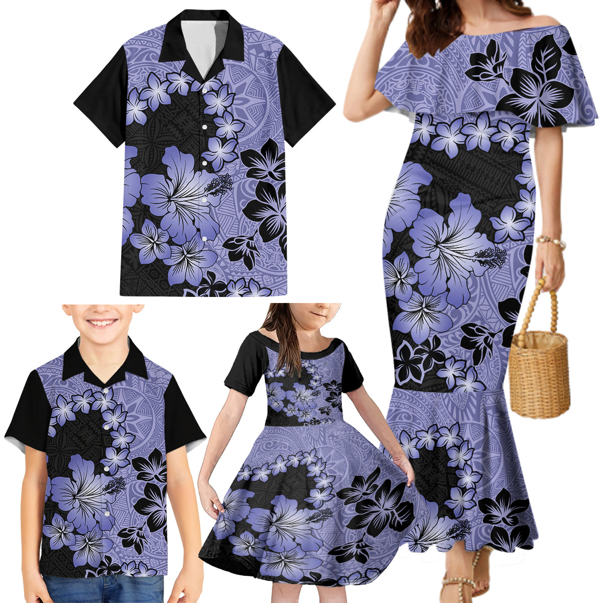 Purple Hawaii Family Matching Mermaid Dress and Hawaiian Shirt Tapa Cloth Mix Tropical Flowers Pastel Vibes - Wonder Print Shop