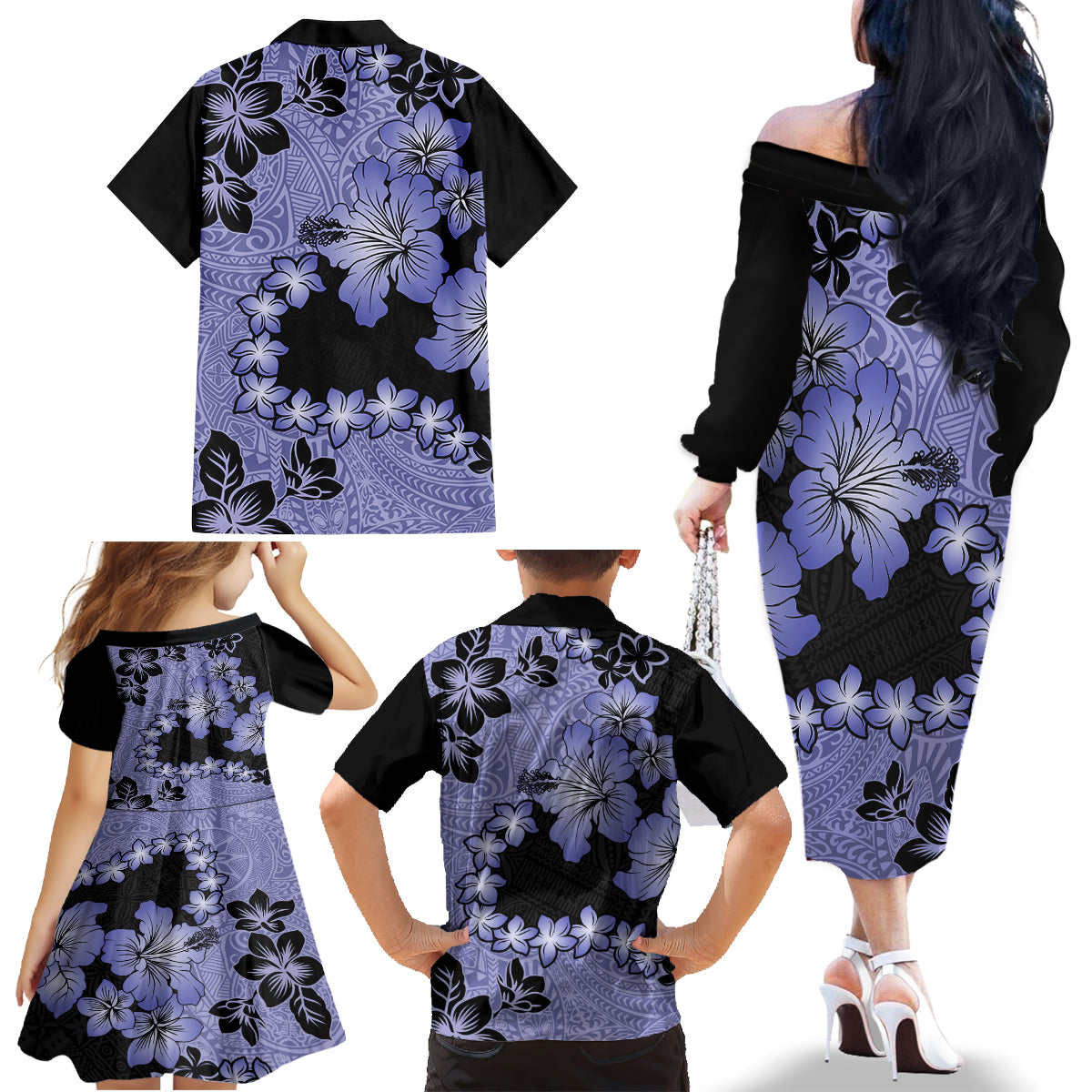Purple Hawaii Family Matching Off Shoulder Long Sleeve Dress and Hawaiian Shirt Tapa Cloth Mix Tropical Flowers Pastel Vibes - Wonder Print Shop