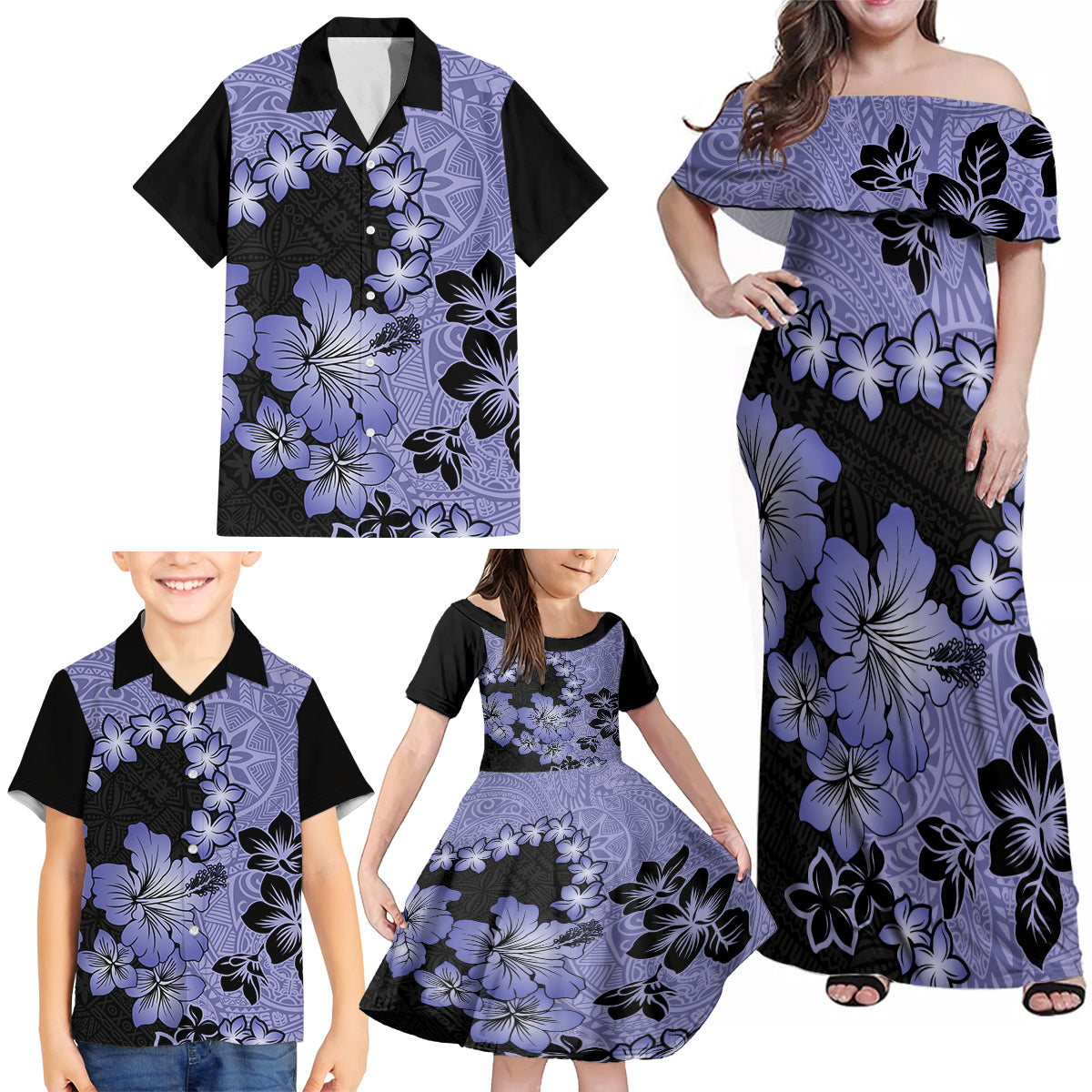 Purple Hawaii Family Matching Off Shoulder Maxi Dress and Hawaiian Shirt Tapa Cloth Mix Tropical Flowers Pastel Vibes - Wonder Print Shop
