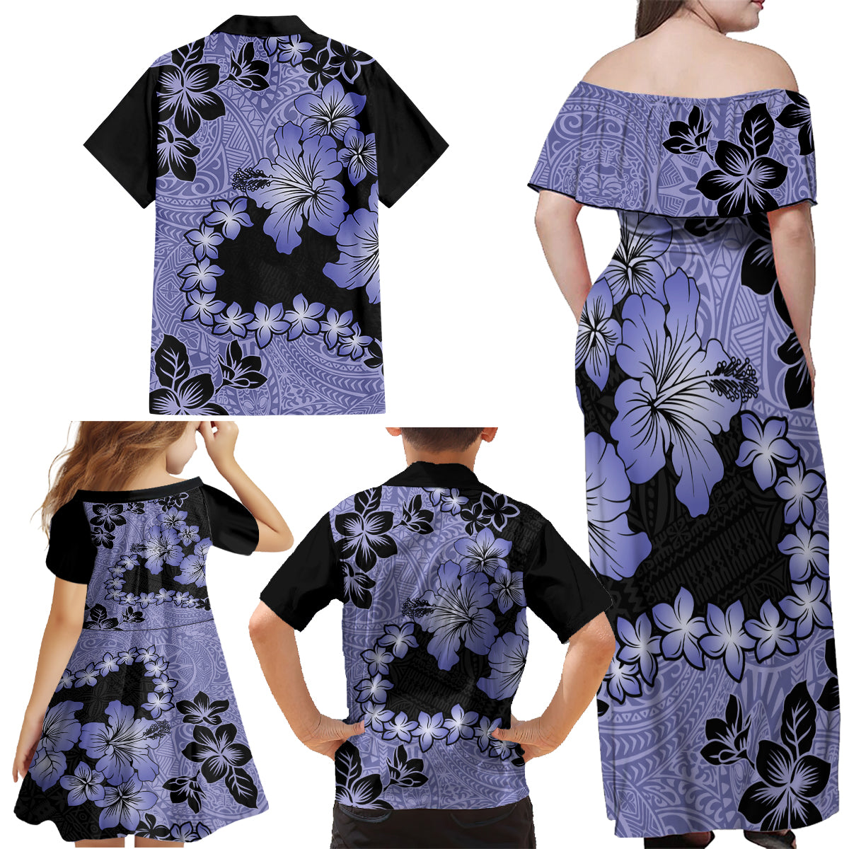Purple Hawaii Family Matching Off Shoulder Maxi Dress and Hawaiian Shirt Tapa Cloth Mix Tropical Flowers Pastel Vibes - Wonder Print Shop