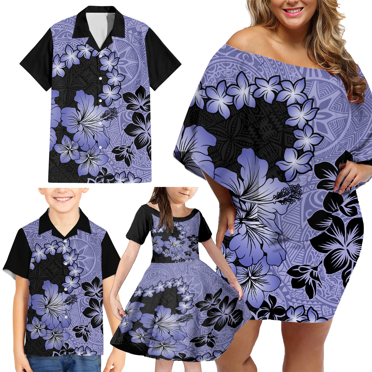 Purple Hawaii Family Matching Off Shoulder Short Dress and Hawaiian Shirt Tapa Cloth Mix Tropical Flowers Pastel Vibes - Wonder Print Shop