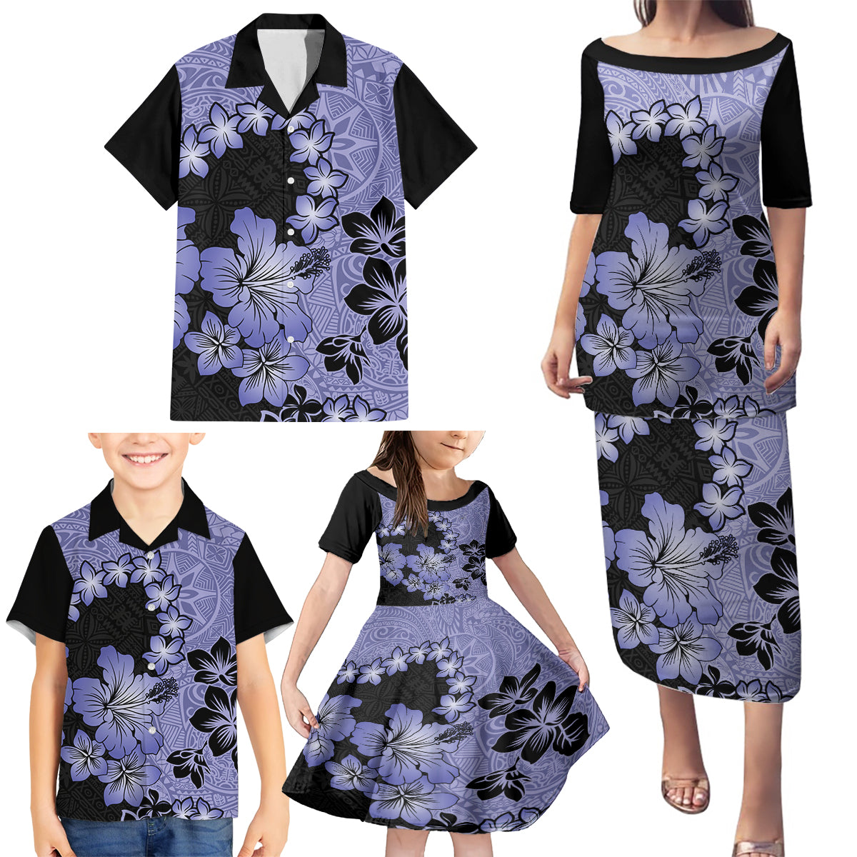 Purple Hawaii Family Matching Puletasi Dress and Hawaiian Shirt Tapa Cloth Mix Tropical Flowers Pastel Vibes - Wonder Print Shop