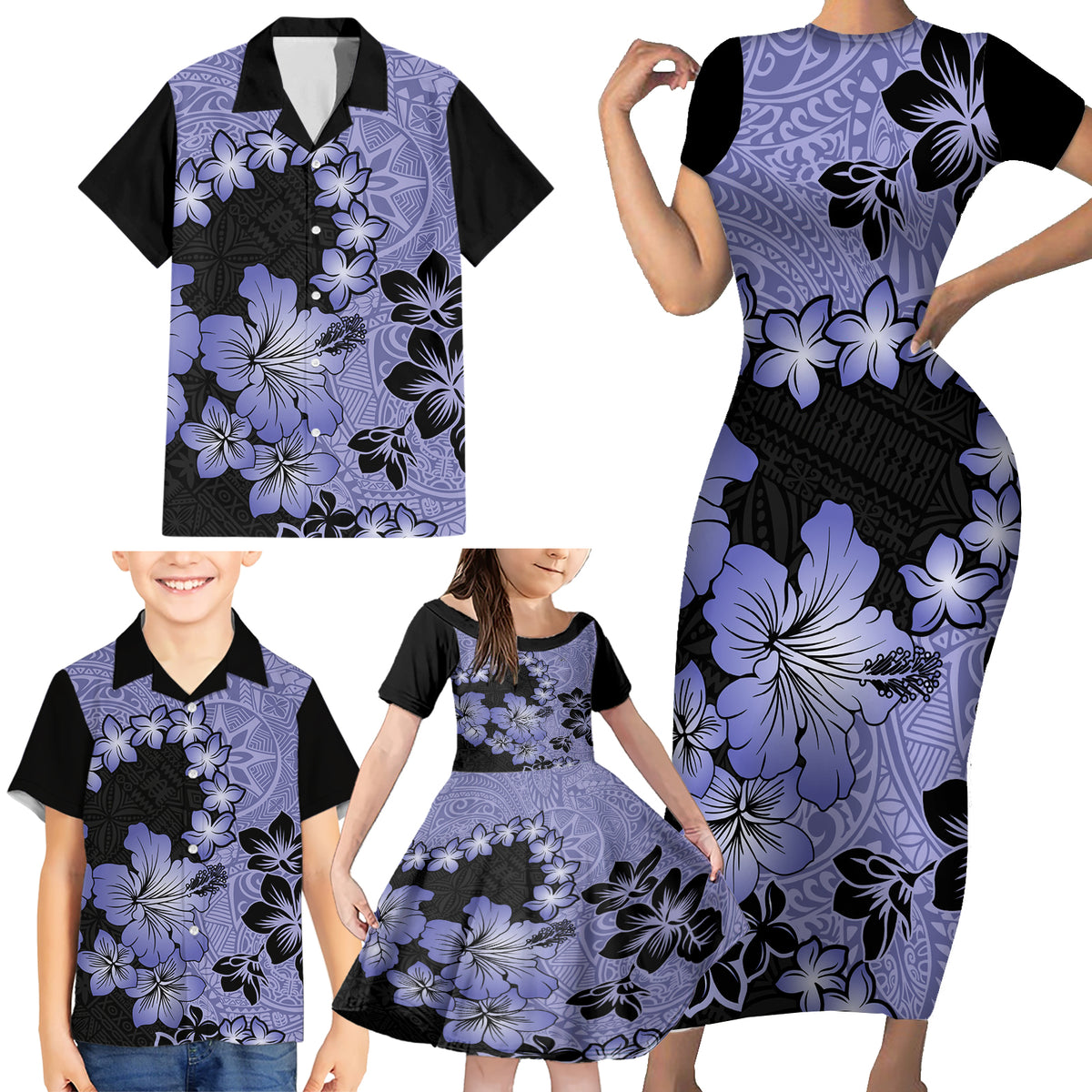 Purple Hawaii Family Matching Short Sleeve Bodycon Dress and Hawaiian Shirt Tapa Cloth Mix Tropical Flowers Pastel Vibes - Wonder Print Shop