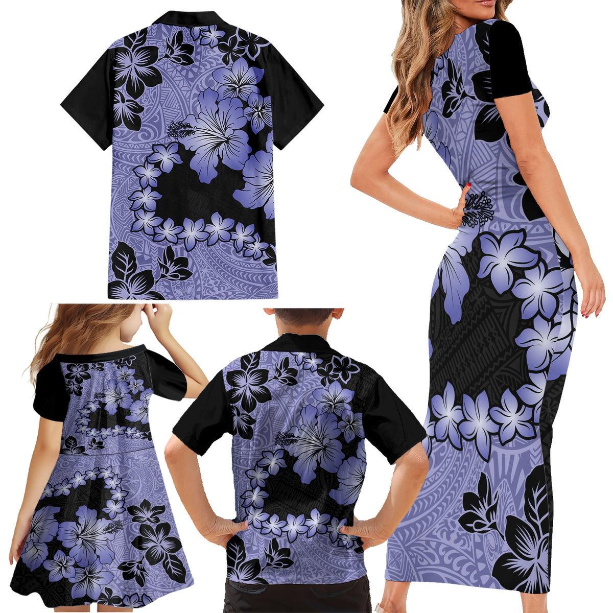 Purple Hawaii Family Matching Short Sleeve Bodycon Dress and Hawaiian Shirt Tapa Cloth Mix Tropical Flowers Pastel Vibes - Wonder Print Shop