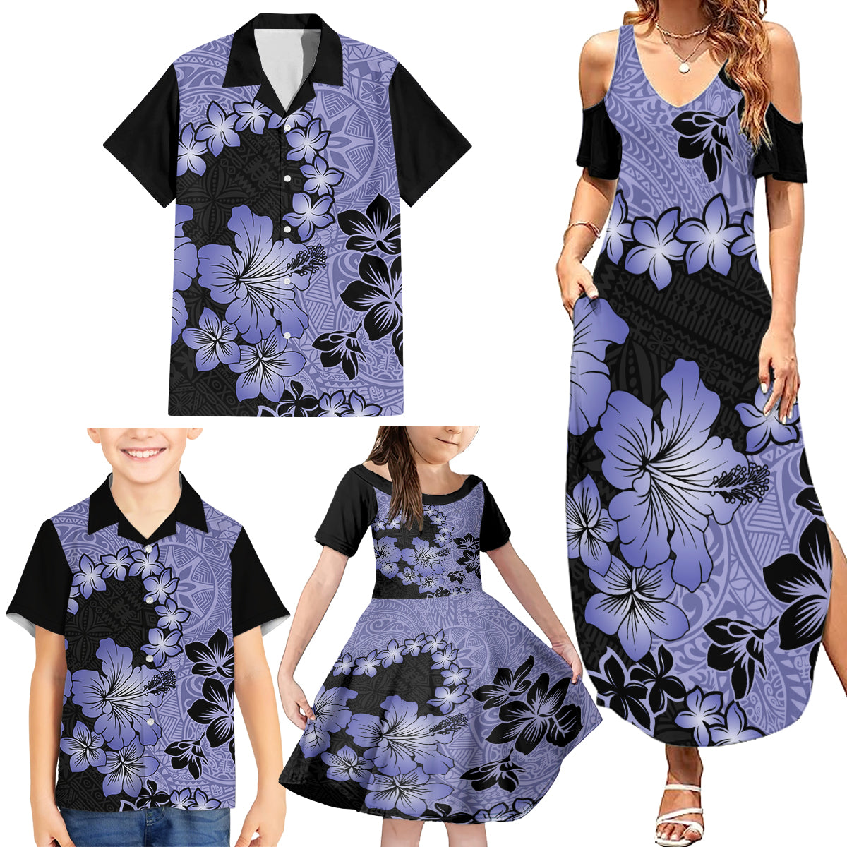 Purple Hawaii Family Matching Summer Maxi Dress and Hawaiian Shirt Tapa Cloth Mix Tropical Flowers Pastel Vibes - Wonder Print Shop