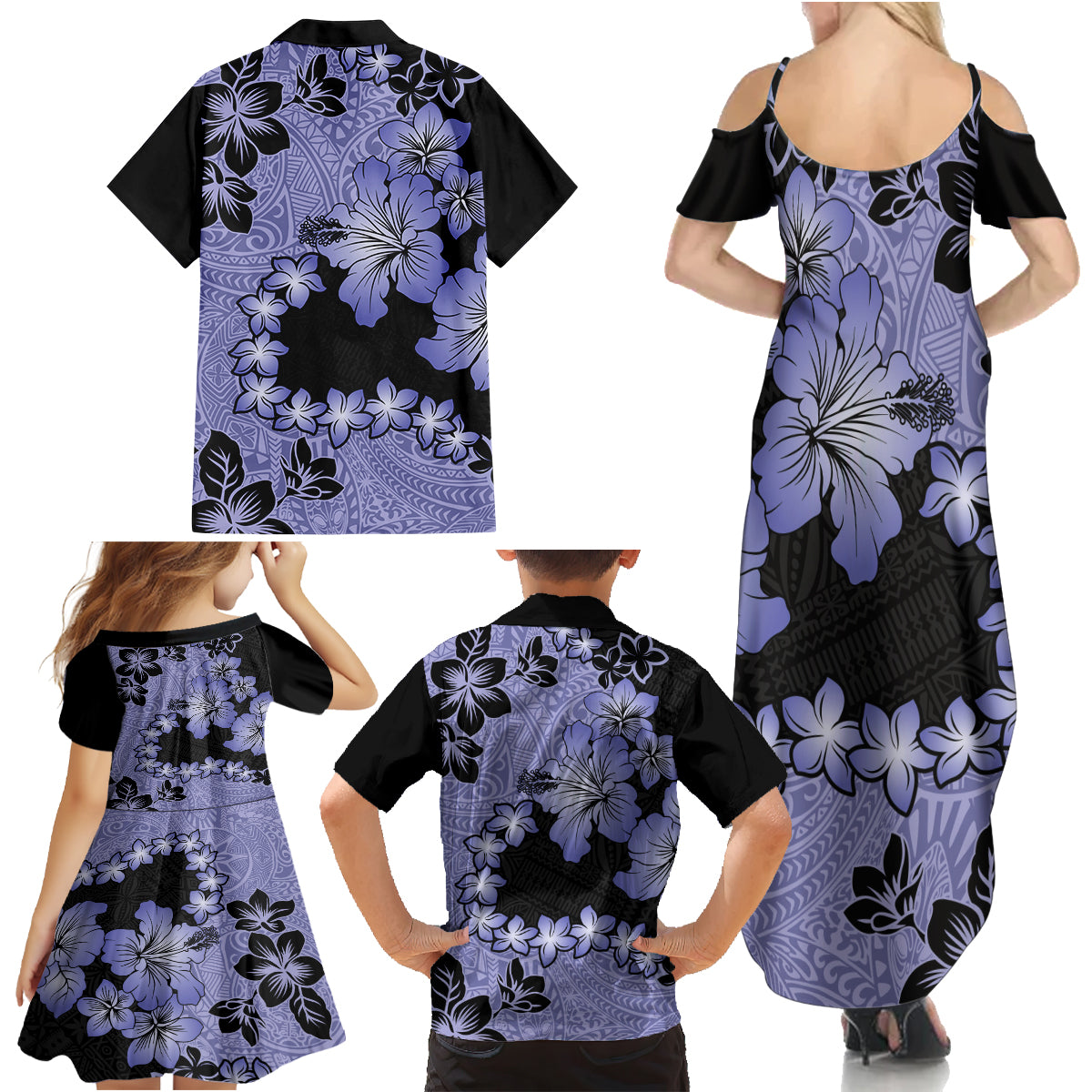 Purple Hawaii Family Matching Summer Maxi Dress and Hawaiian Shirt Tapa Cloth Mix Tropical Flowers Pastel Vibes - Wonder Print Shop