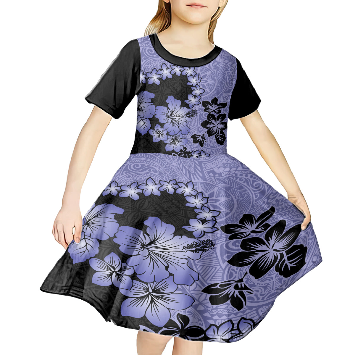 Purple Hawaii Kid Short Sleeve Dress Tapa Cloth Mix Tropical Flowers Pastel Vibes - Wonder Print Shop