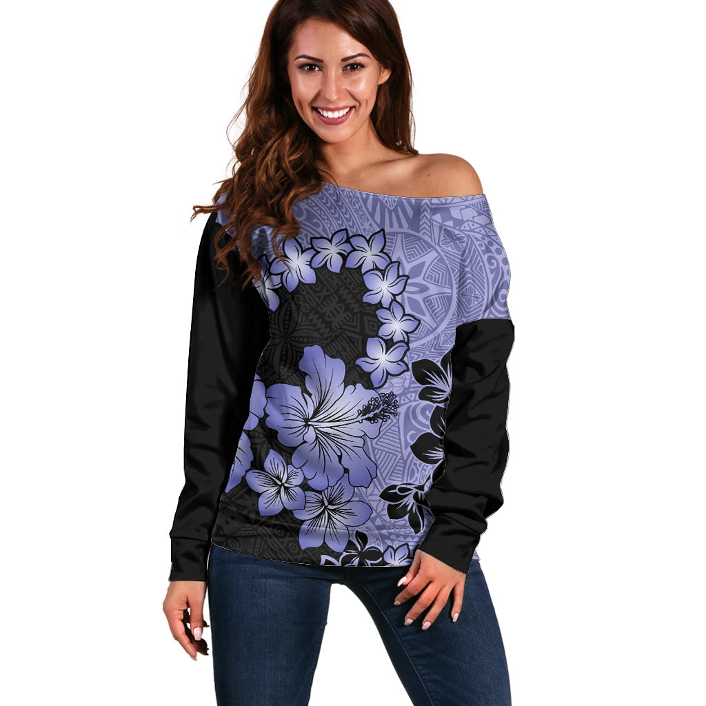 Purple Hawaii Off Shoulder Sweater Tapa Cloth Mix Tropical Flowers Pastel Vibes - Wonder Print Shop