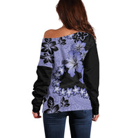 Purple Hawaii Off Shoulder Sweater Tapa Cloth Mix Tropical Flowers Pastel Vibes - Wonder Print Shop